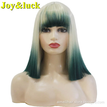 Wholesale Price Short Wig With Bangs Natural Straight Blonde Ombre Green Costume Party Halloween Day Cosplay Synthetic Wigs
